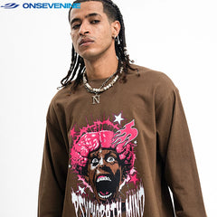 ONS VENINE Trendy American Street Loose Round Neck Cotton Long Sleeve T-shirt for Men and Women Spring and Autumn Base Shirt Ins Trendy