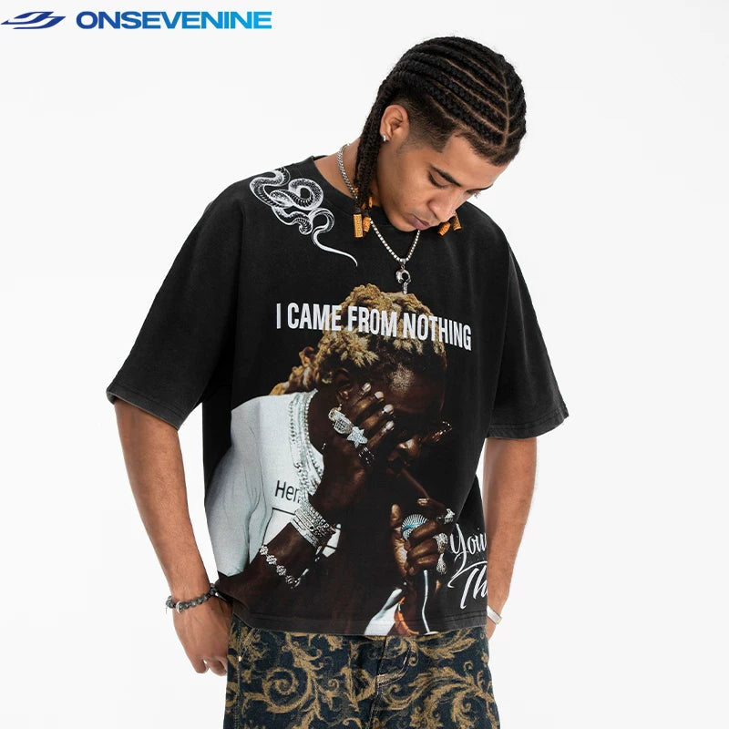 ONIVENINE 300g full printed short sleeved heavy-duty pure cotton loose casual short sleeved T-shirt with small neckline and summer shoulder drop