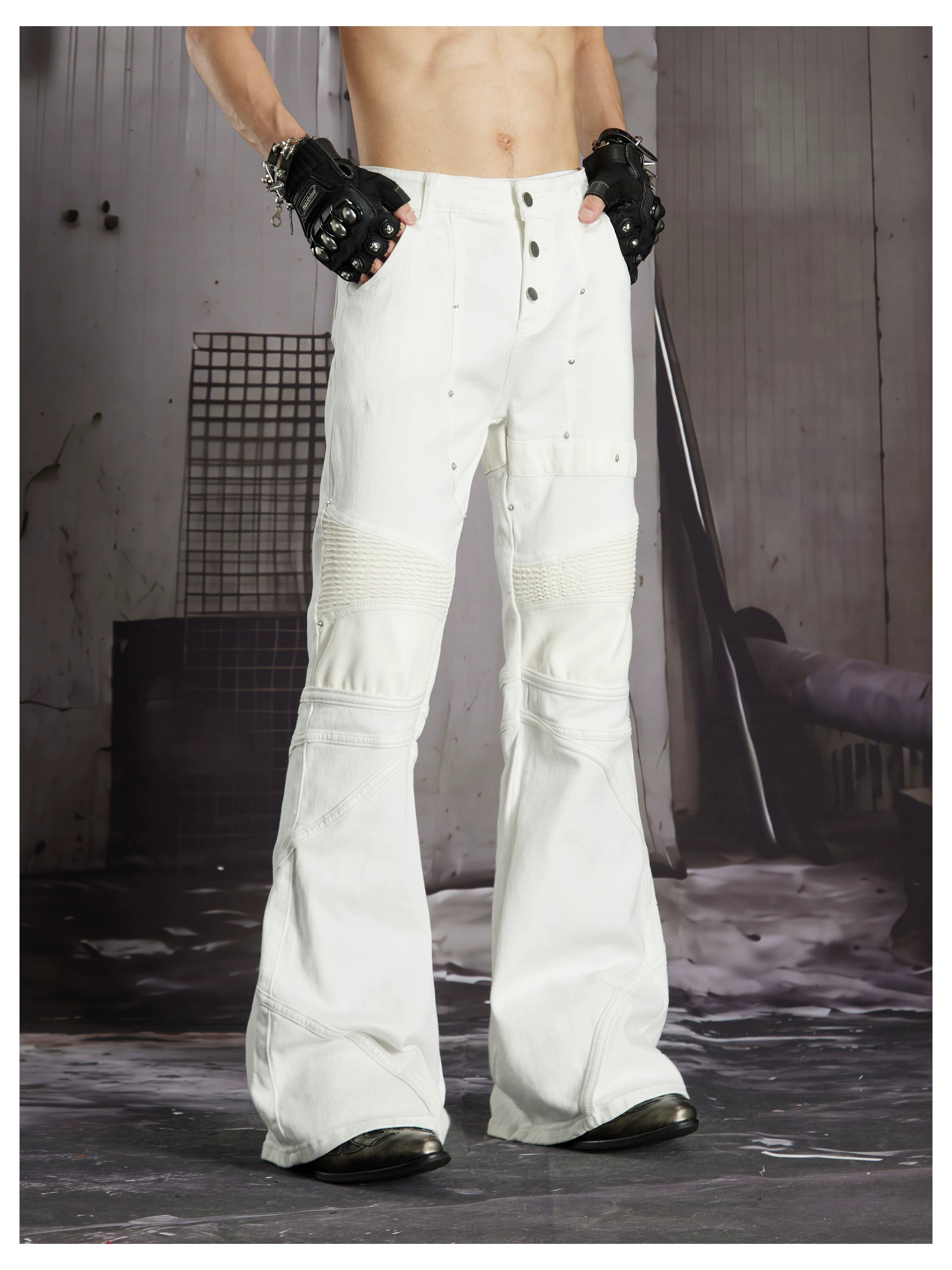 NOMANIAI 3D-cut studded slim-fit slight-flare street-style jeans.