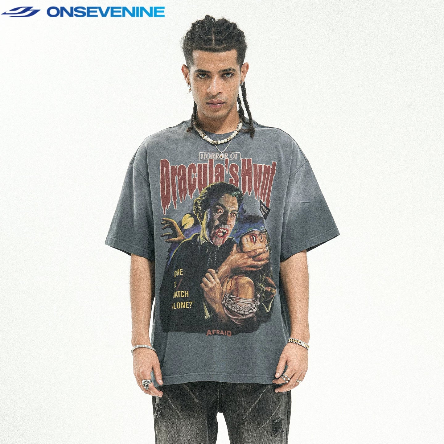 ONS VENINE American washed retro gradient 280g small collar short sleeved T-shirt men's summer loose street hip-hop