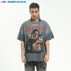 ONS VENINE American washed retro gradient 280g small collar short sleeved T-shirt men's summer loose street hip-hop