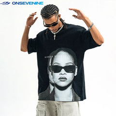 ONS EVENT Original Trendy Brand American Street Small Collar 300g Pure Cotton Printed Short sleeved T-shirt for Men and Women in Summer
