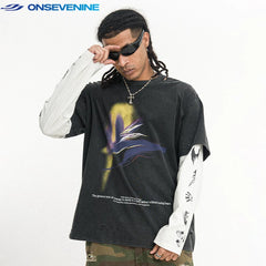 ONSEVENINE Trendy Brand Washed and Worn Long Sleeve T-shirt Retro Fake Two Piece Men's Spring and Autumn Shirt China-Chic