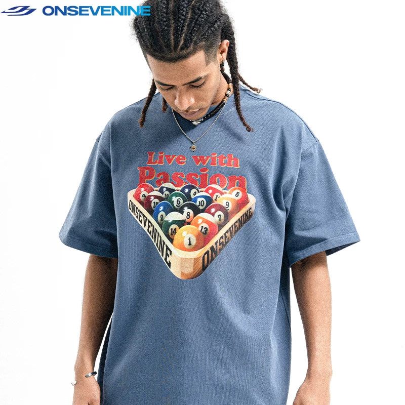 ONSEVENINE China-Chic 300g small neckline American street high street ins fashion brand loose short sleeve T-shirt men's summer