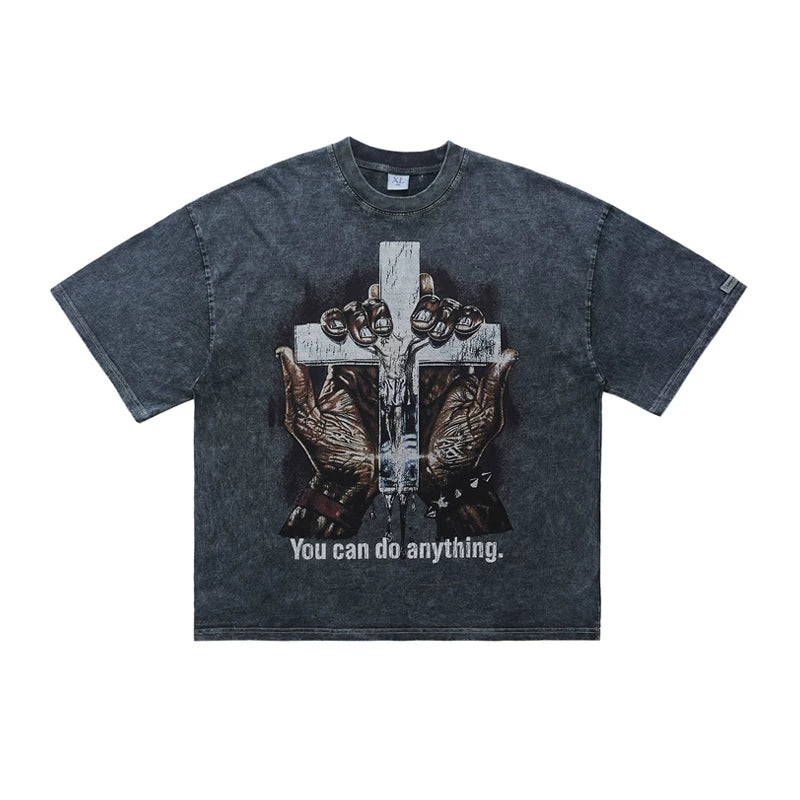 ONSEVENINE Men's American-style streetwear acid-wash distressed T-shirt