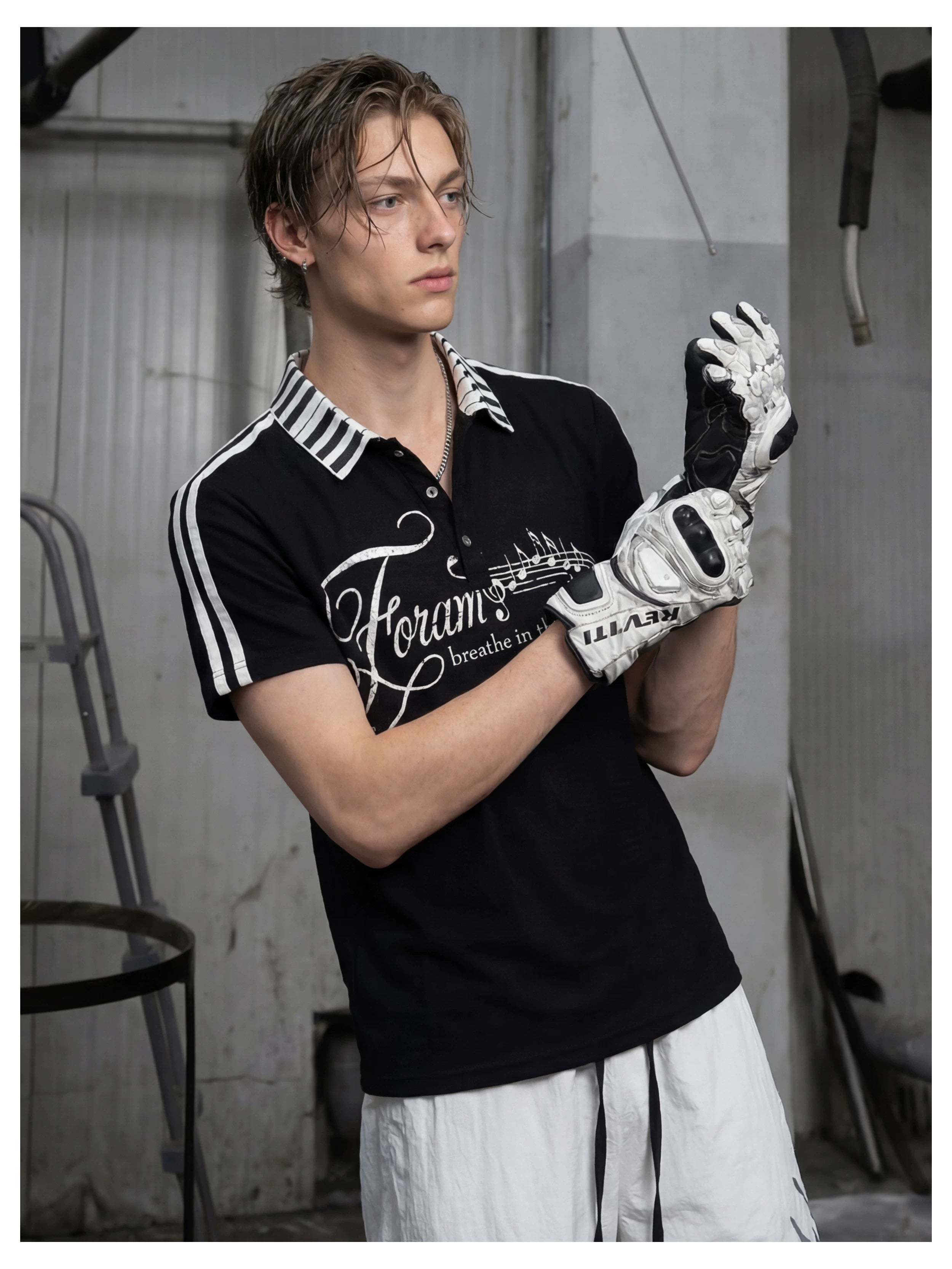 NOMANIAI Y2K Pure Cotton Polo Shirt with Piano Key and Musical Note Print and Collar.
