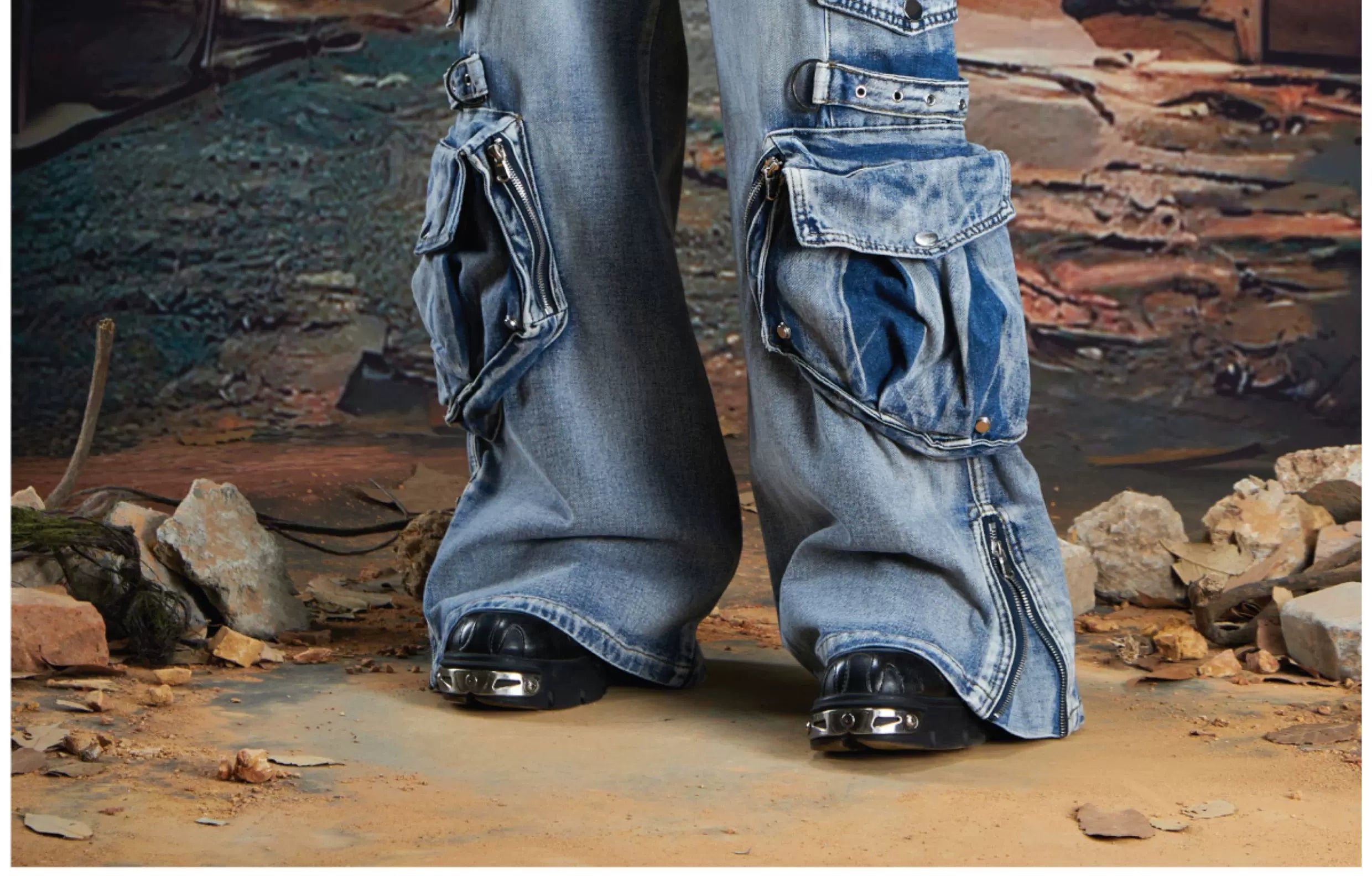 NOMANIAI  Multi-pocket deconstructed, washed, and distressed workwear-style denim jeans.