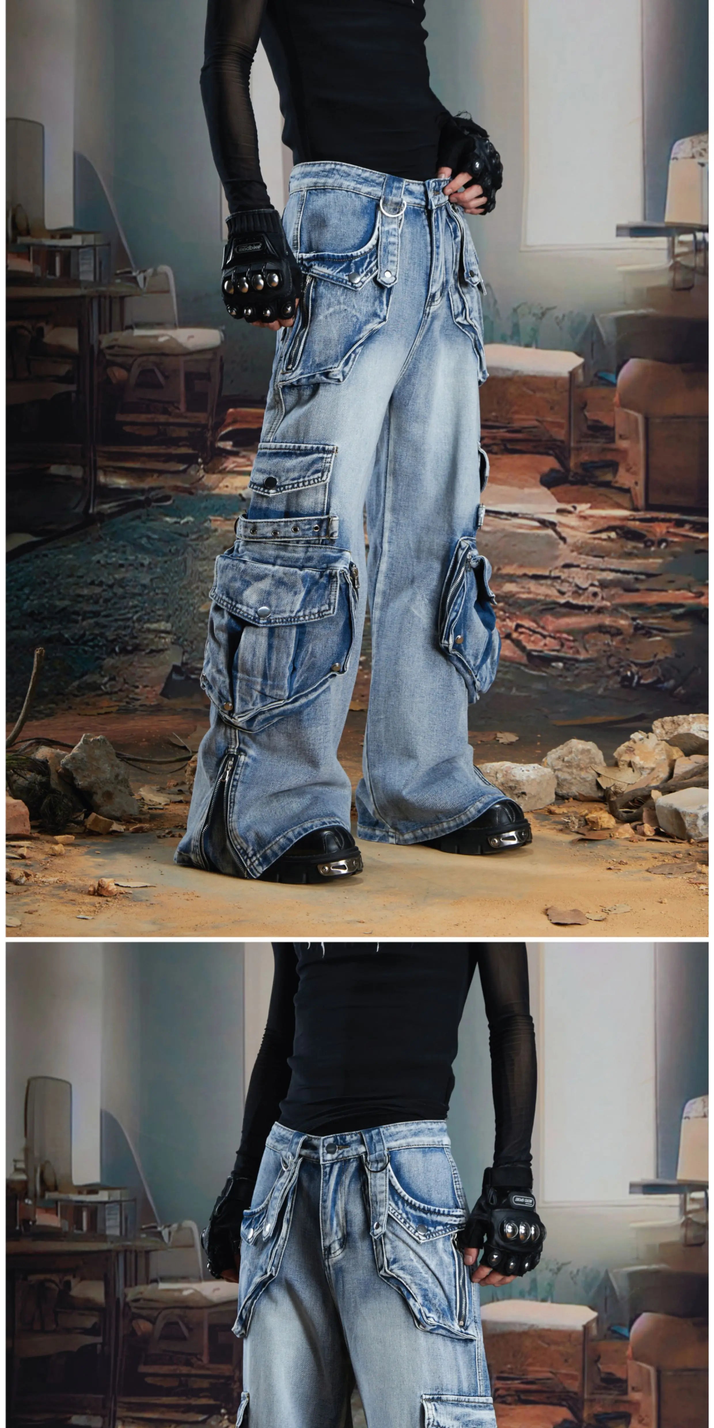 NOMANIAI  Multi-pocket deconstructed, washed, and distressed workwear-style denim jeans.