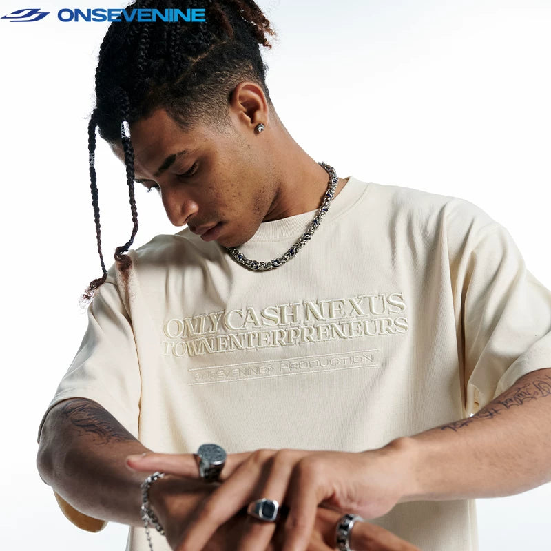 ONSEVENINE China-Chic 260g Small Neckline Heavy Weight Cotton Embroidery Letters Loose Short Sleeve T-shirts for Men and Women Summer