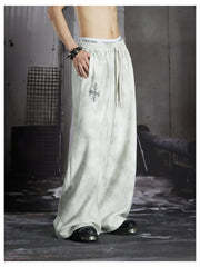 NOMANIAI  Y2K Cross-Print Tie-Dye Loose-Fit Casual Pants with Elastic Waist.