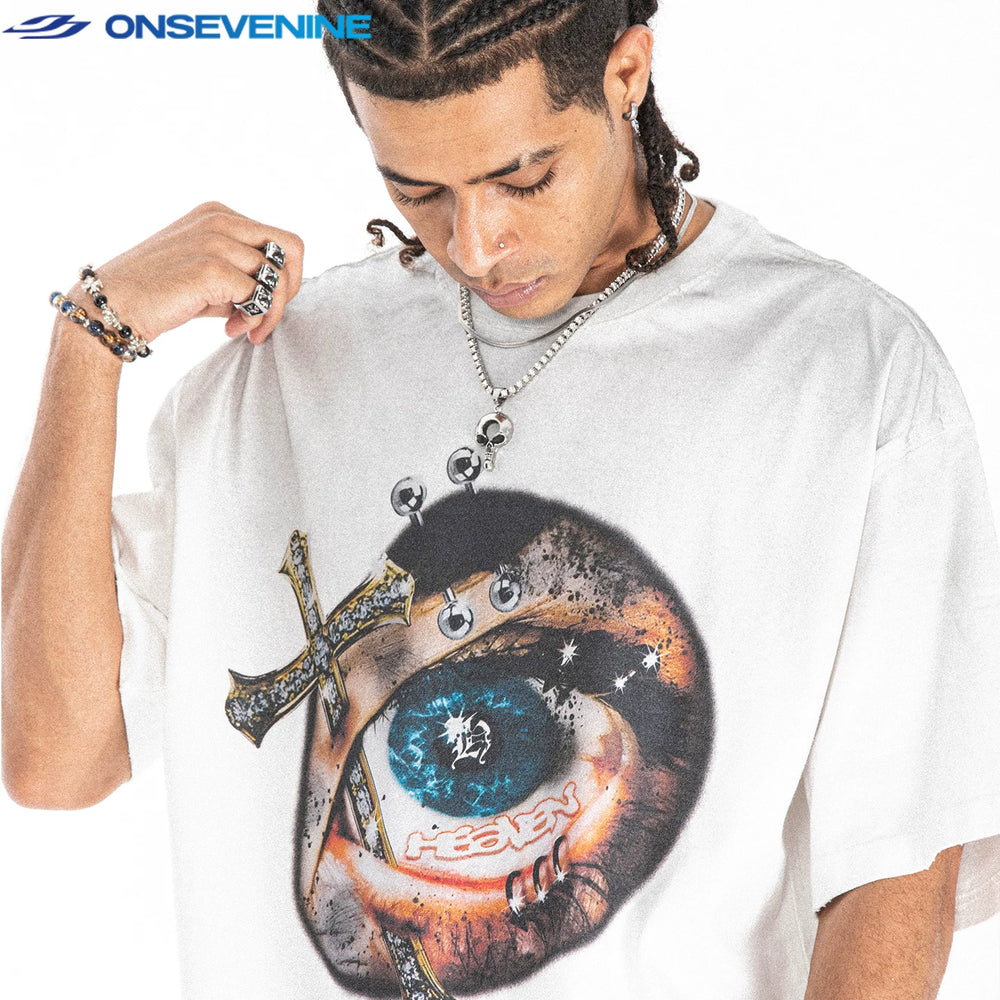 ONS EVENT American street wash vintage gradient loose fitting couple's short sleeved T-shirt for men and women in summer
