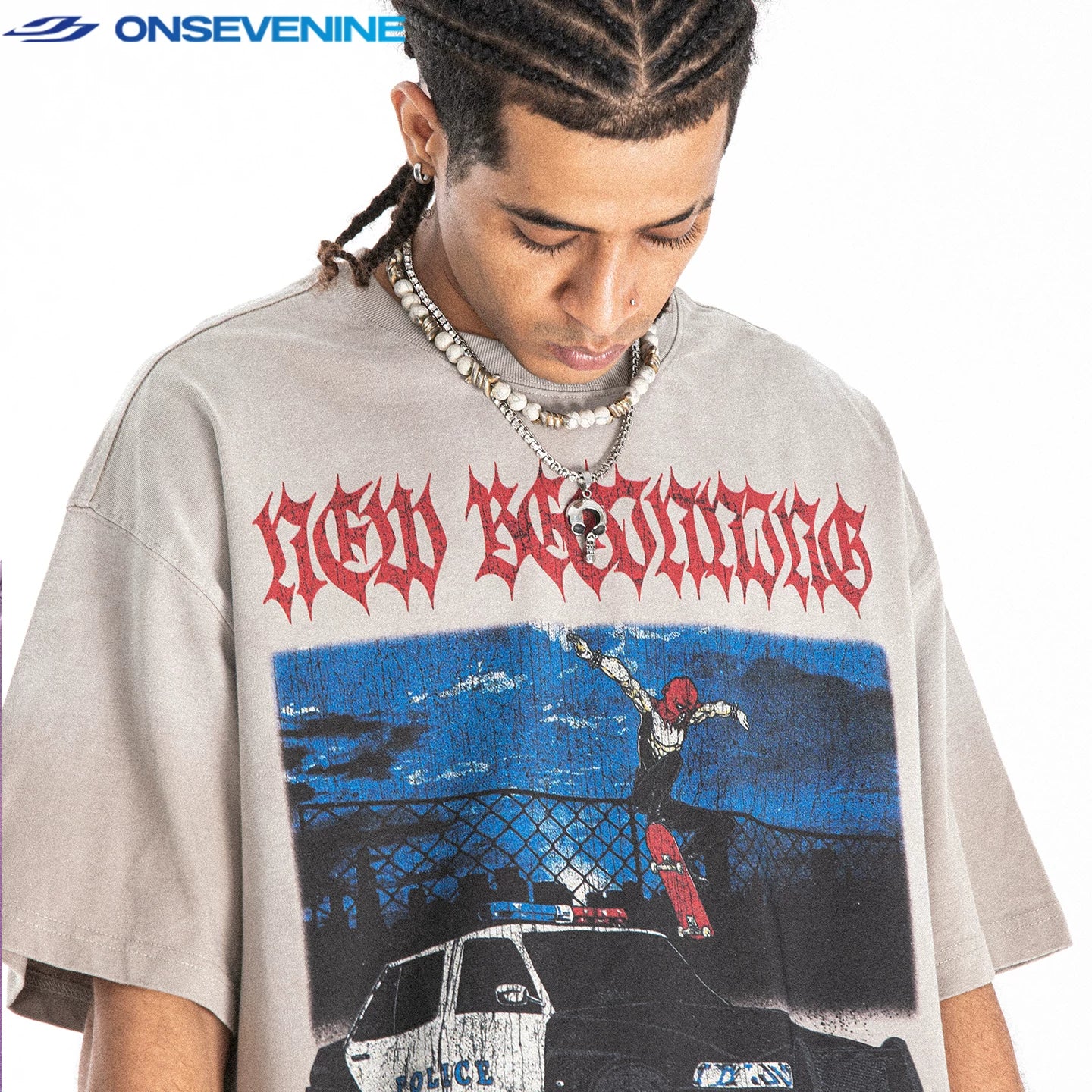 ONSEVENINE American street wash retro gradient 300g small neckline short sleeve T-shirt men's summer loose China-Chic