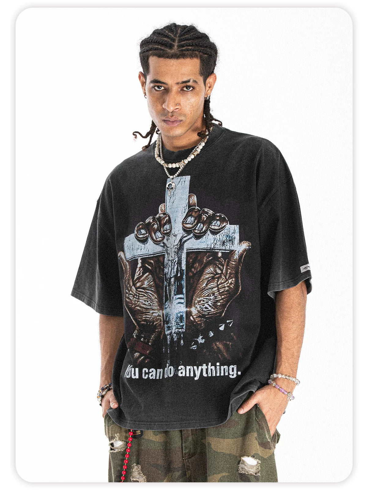 ONSEVENINE Men's American-style streetwear acid-wash distressed T-shirt
