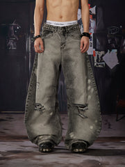 NOMANIAI  Distressed, washed, and vintage-look loose wide-leg jeans.
