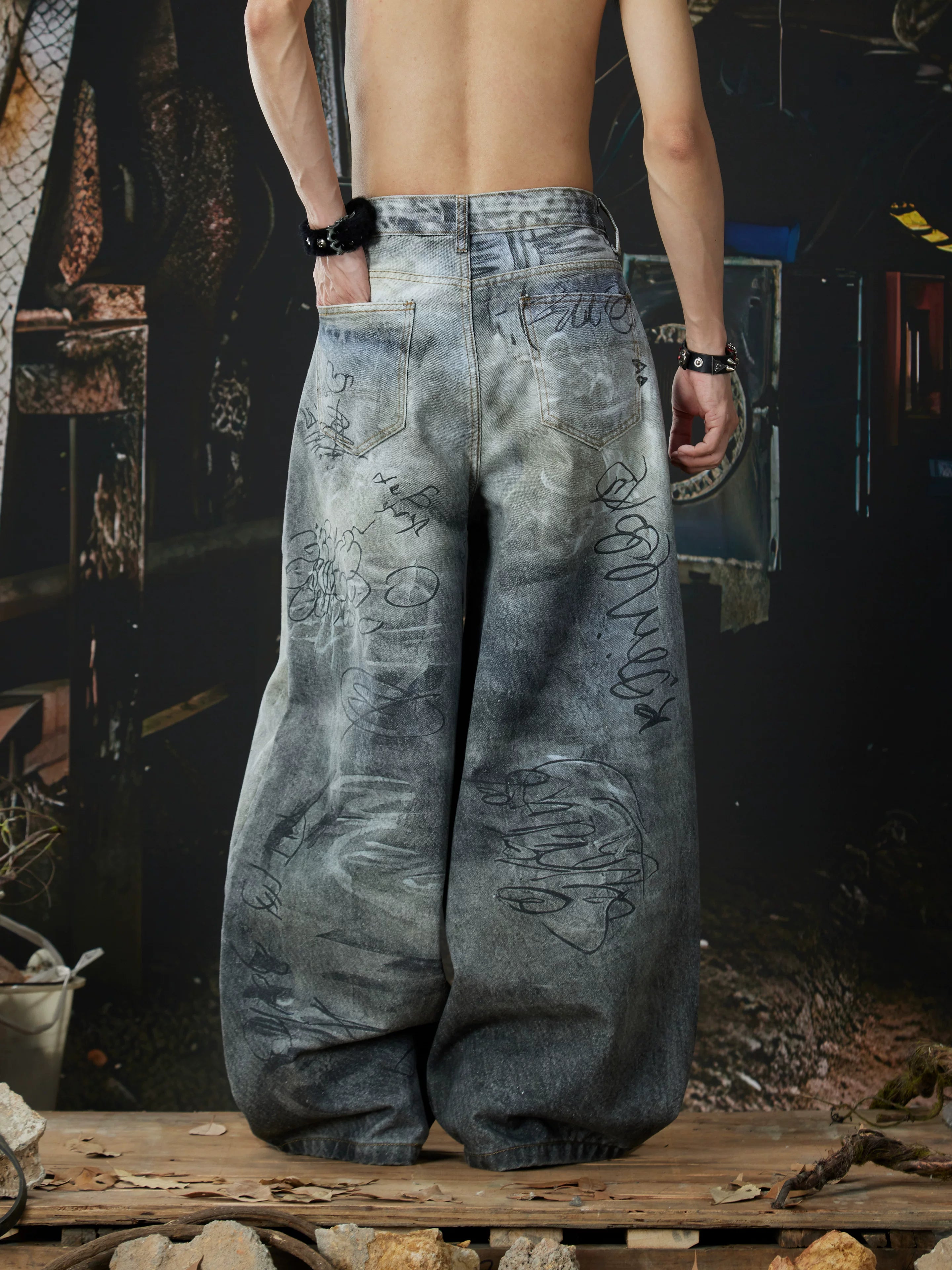 NOMANIAI Unisex Loose-Fit Denim Jeans with 3D-Printed Street Graffiti.