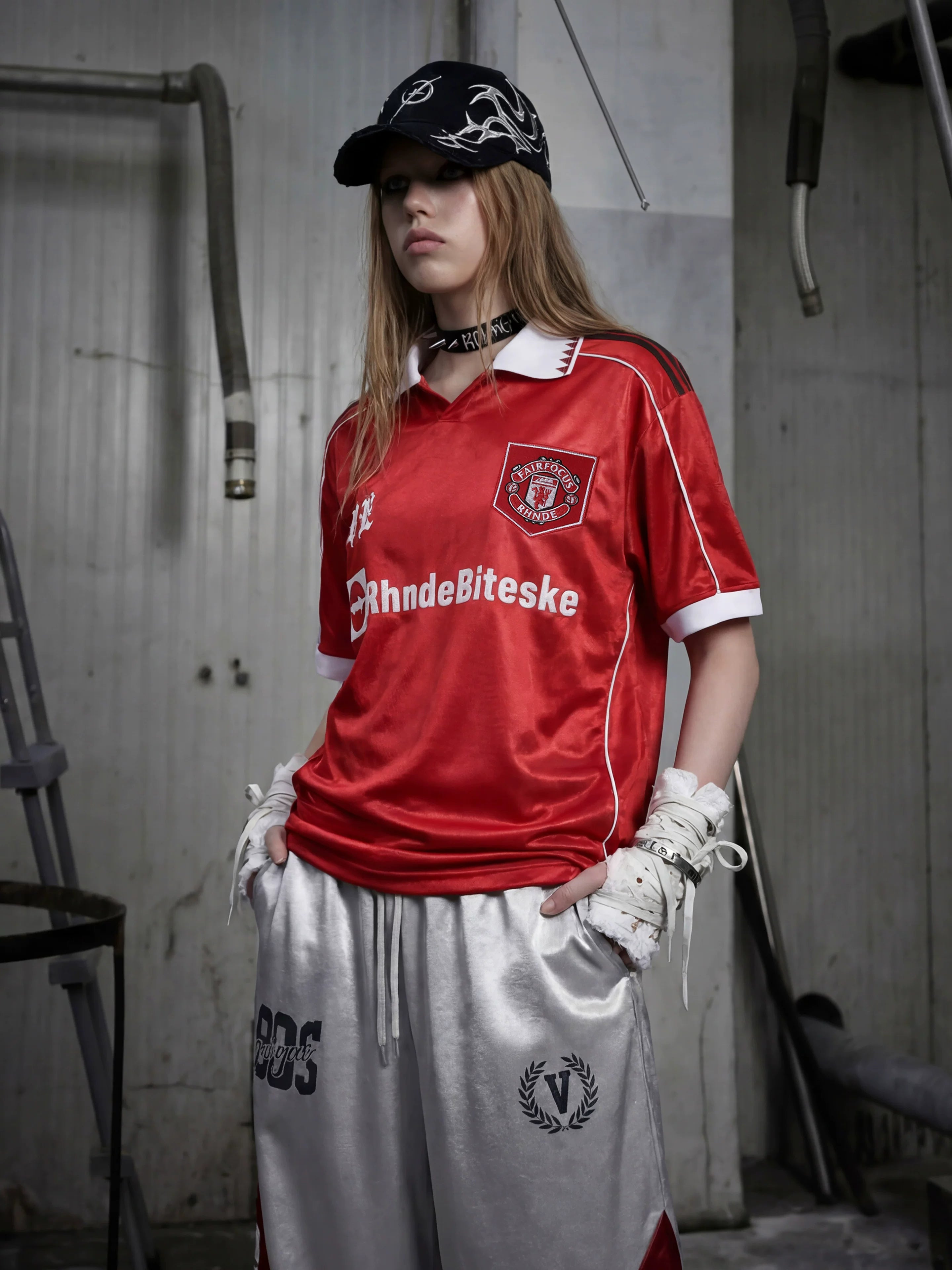 NOMANIAI Fully Embroidered V-Neck Street-Style T-Shirt (Jersey-Inspired).