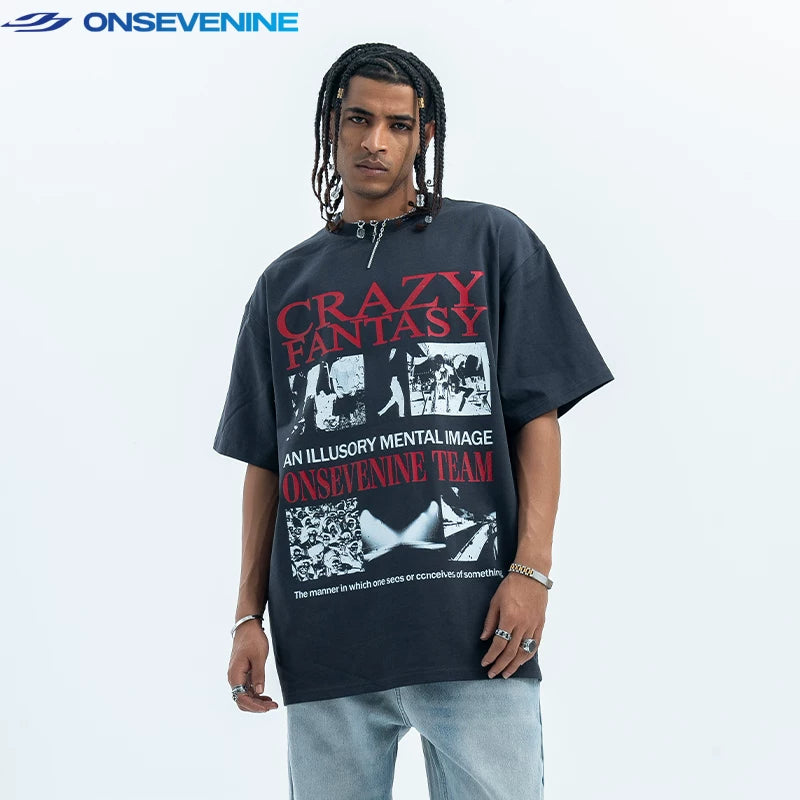 ONS EVENT Original Trendy Brand American Street 280g Heavy Cotton Small Collar Short sleeved T-shirt for Men and Women Summer