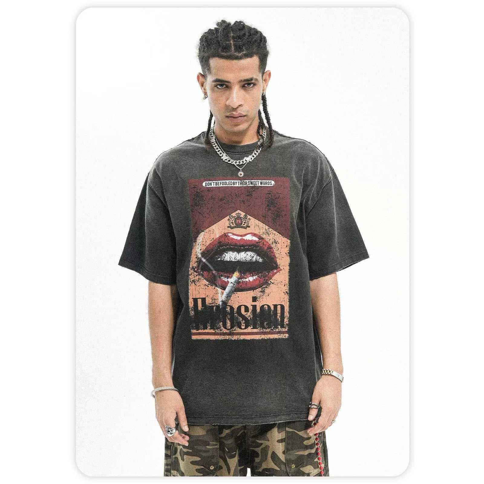 ONSEVENINE American Water Wash Vintage Worn Heavy Weight Cotton Small Neckline Short Sleeve T-shirt Men's Summer Hip Hop China-Chic