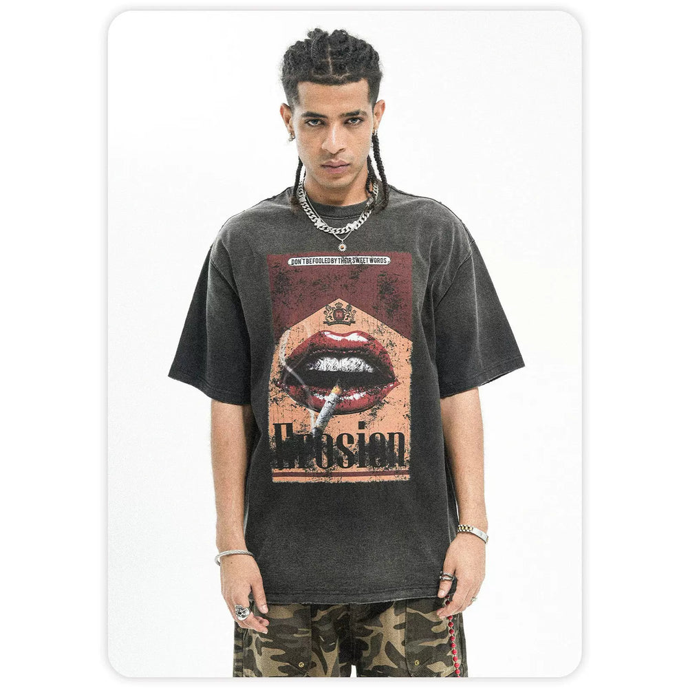 ONSEVENINE American Water Wash Vintage Worn Heavy Weight Cotton Small Neckline Short Sleeve T-shirt Men's Summer Hip Hop China-Chic