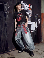 NOMANIAI 3D-printed color-block tie-detail layered wide-leg streetwear trousers.