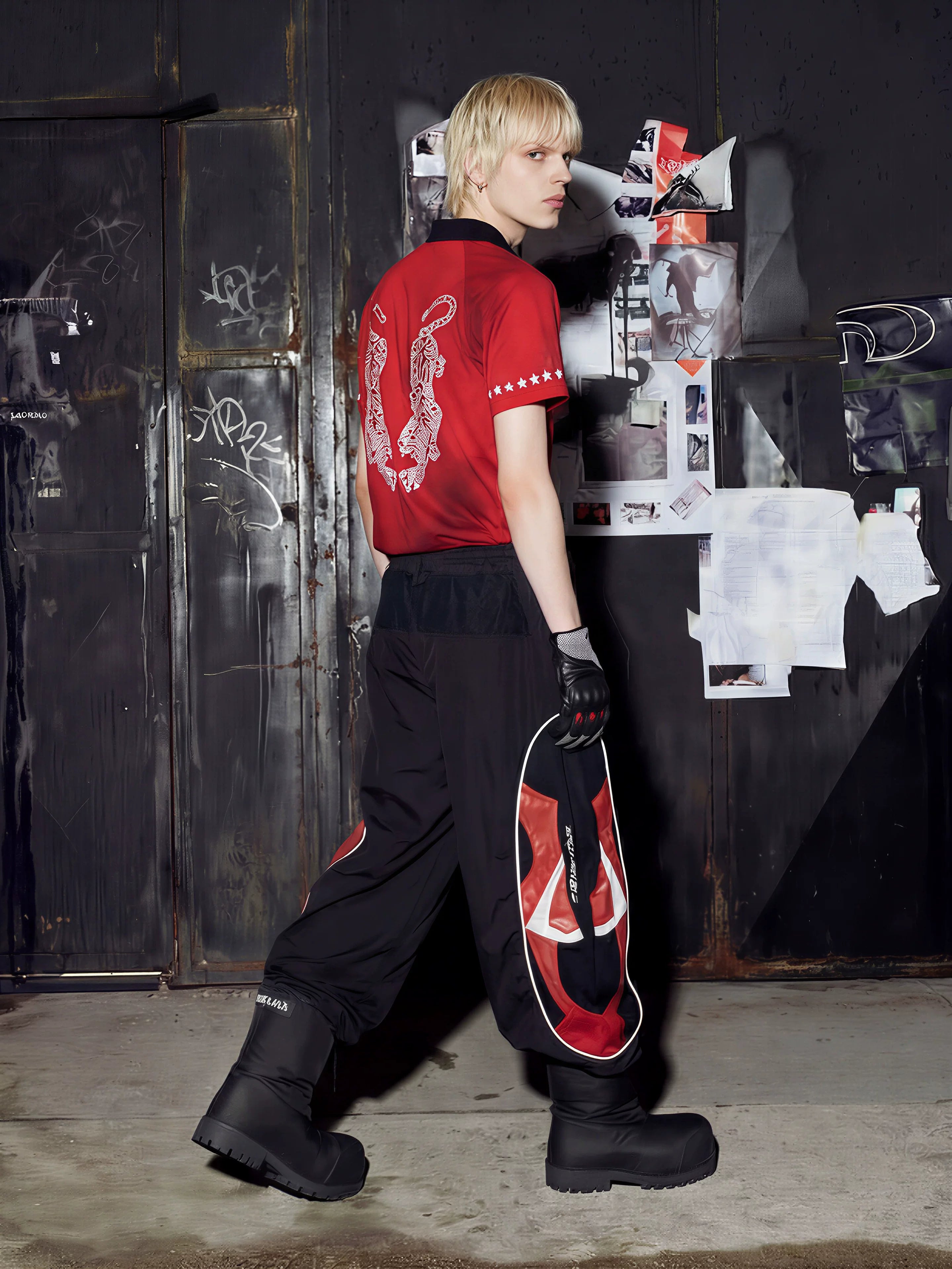 NOMANIAI  Deconstructed Color-Block Loose-Fit Moto Pants.