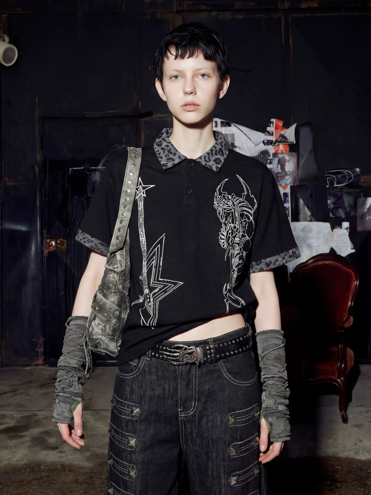 NOMANIAI Oversized Leopard-Print Polo Shirt with Punk Guitar Graphic.