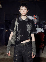 NOMANIAI Oversized Leopard-Print Polo Shirt with Punk Guitar Graphic.