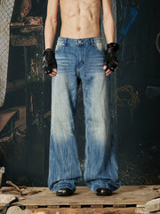 NOMANIAI Distressed American Streetwear Lightning-Wash Vintage Indigo Loose-Fit Jeans.