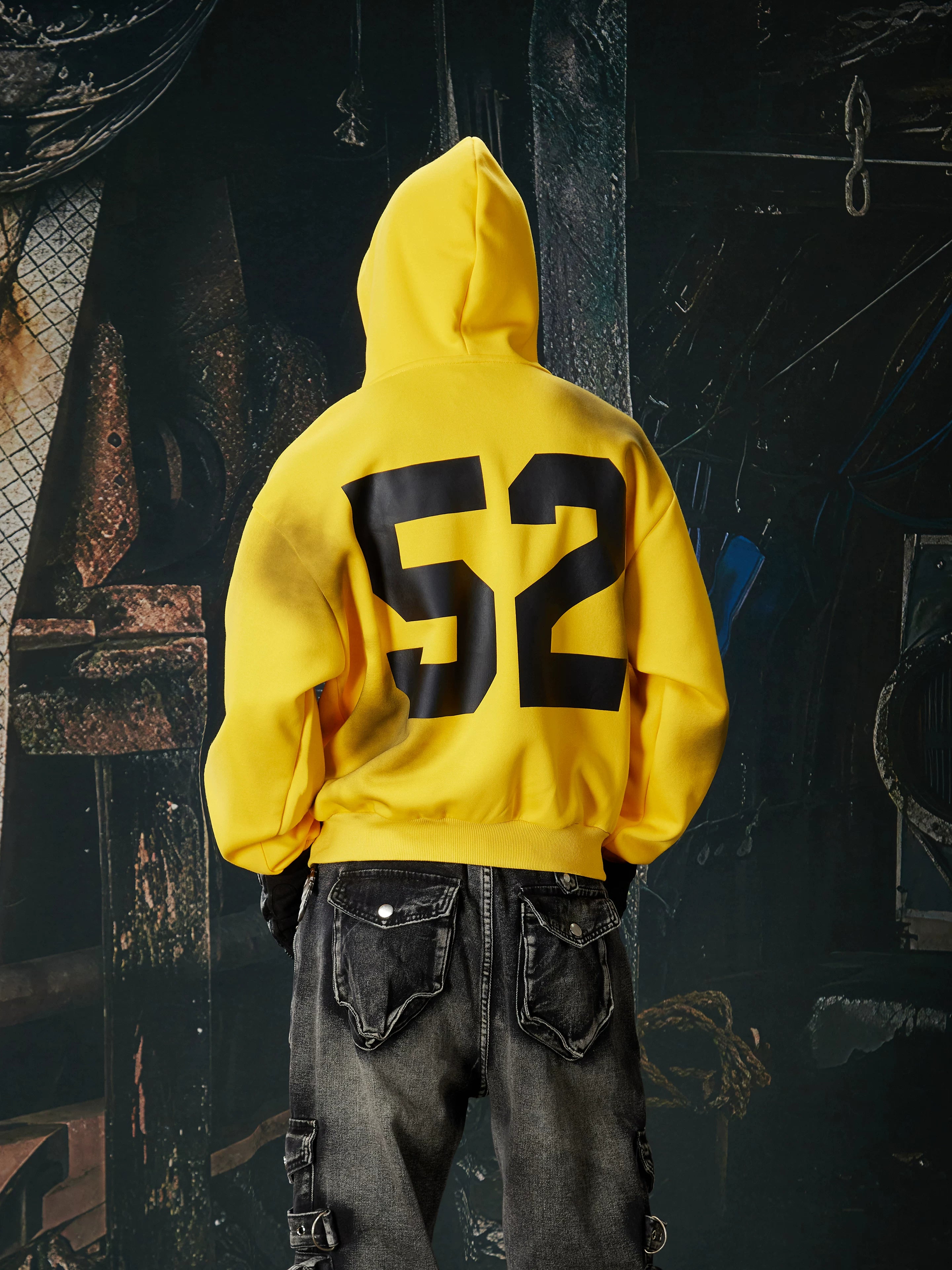 NOMANIAI  Oversized Printed Distressed Zip-Up Hoodie.