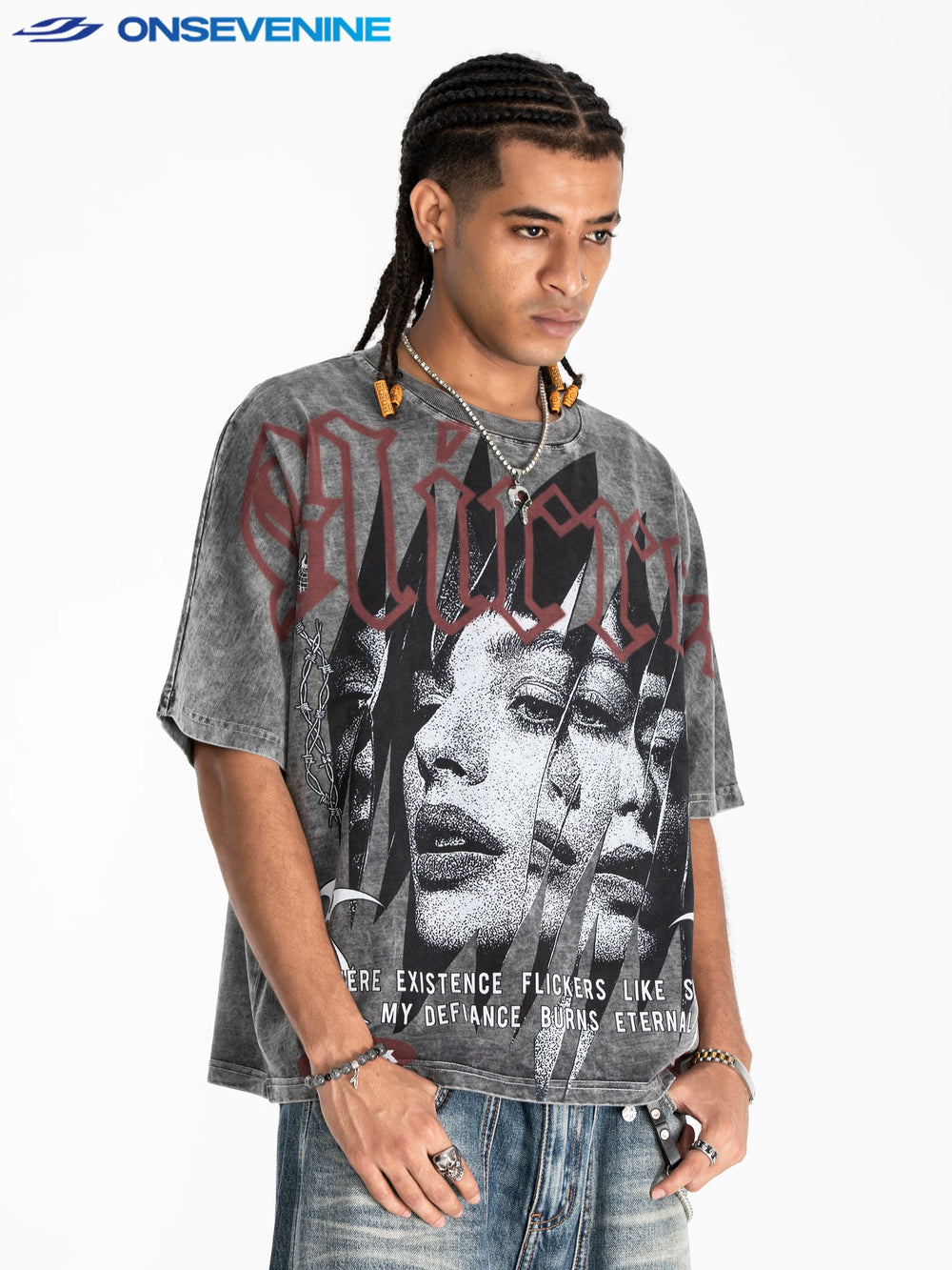Onsevenine Original Printed Small Collar Summer Shoulder Down T-shirt 300g Heavy Cotton Short Sleeve Loose Short Style