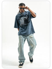 ONSEVENINE Streetwear-style vintage-wash short-sleeve T-shirt with a distressed look.