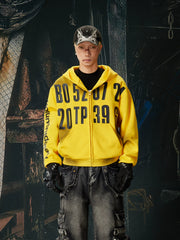 NOMANIAI  Oversized Printed Distressed Zip-Up Hoodie.