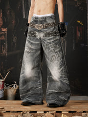 NOMANIAI Double-waistband rock-style streetwear jeans.
