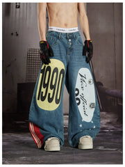 NOMANIAI  Trendy Street-Style Retro Loose-Fit Wide-Leg Curved-Cut Jeans.