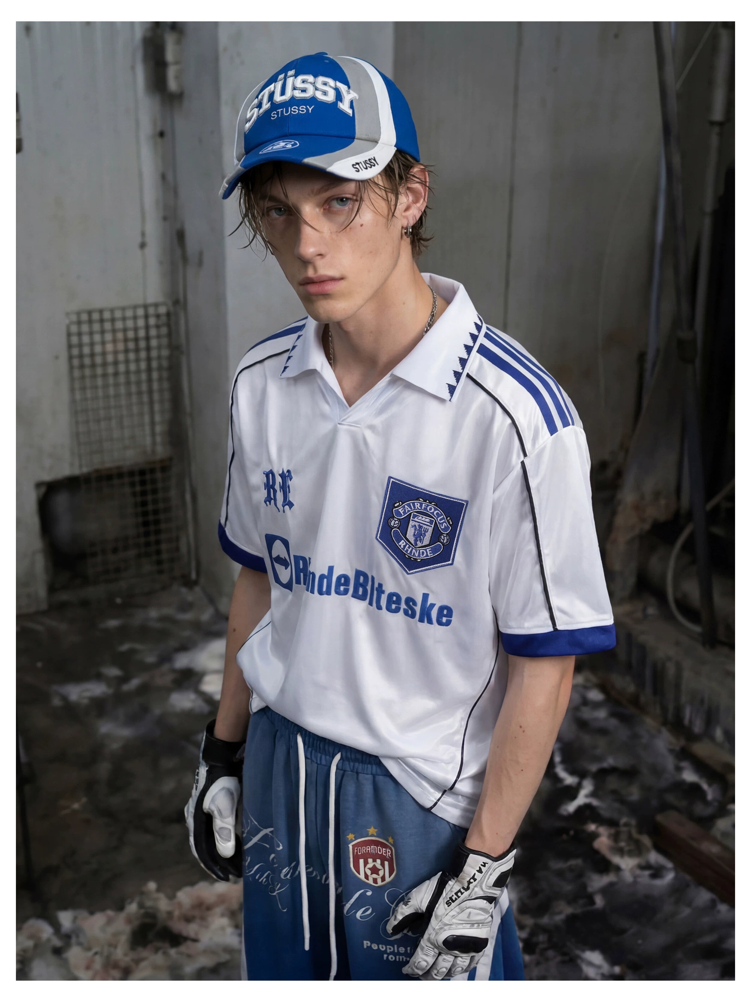 NOMANIAI Fully Embroidered V-Neck Street-Style T-Shirt (Jersey-Inspired).