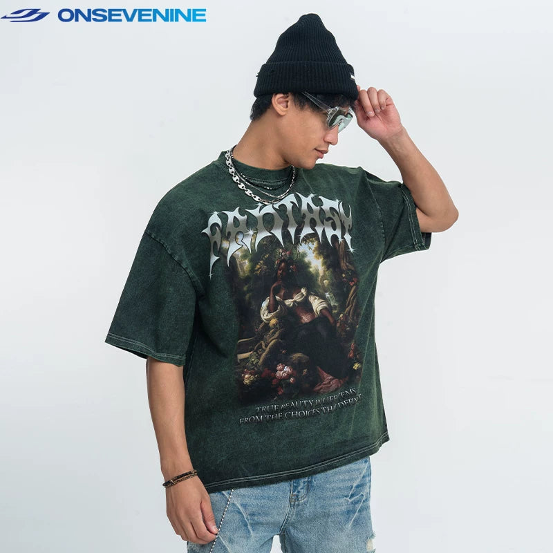 ONIVENINE American Trendy Brand Washed, Used, Snowflake Salt Stir Fry Color Vintage Off Shoulder Small Collar Half Sleeve T-shirt