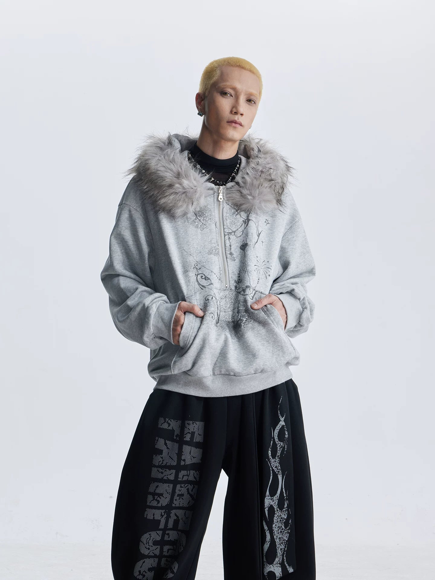 NOMANIAI  Fuzzy Hooded Printed Half-Zip Sweatshirt – Loose Cropped Top.