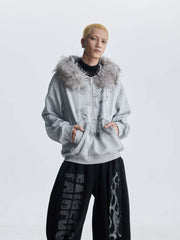 NOMANIAI  Fuzzy Hooded Printed Half-Zip Sweatshirt – Loose Cropped Top.