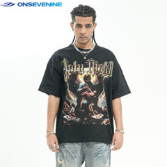 ONSEVENINE American Street Weight 300g Cotton Small Neckline Short Sleeve T-shirt Men's Summer Loose Hip Hop China-Chic