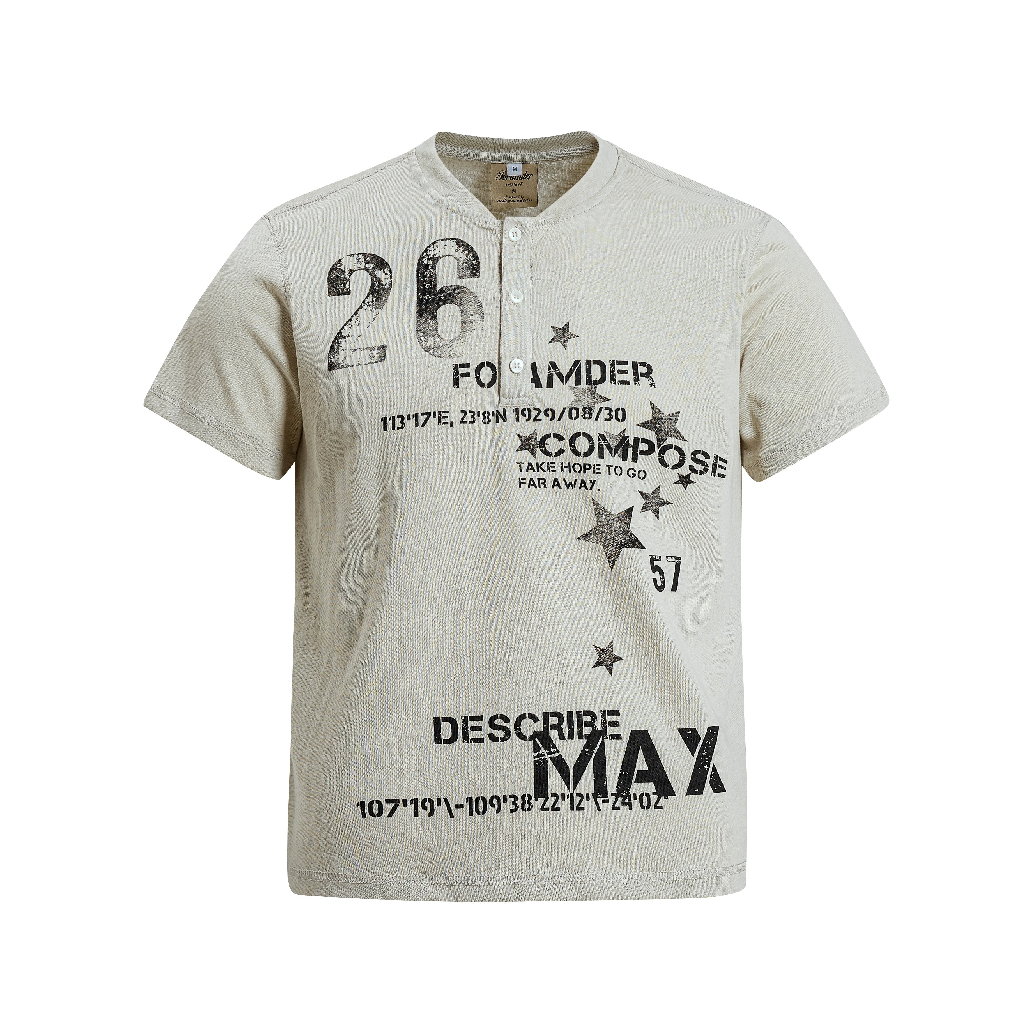 NOMANIAI Vintage-style distressed graphic short-sleeve T-shirt.