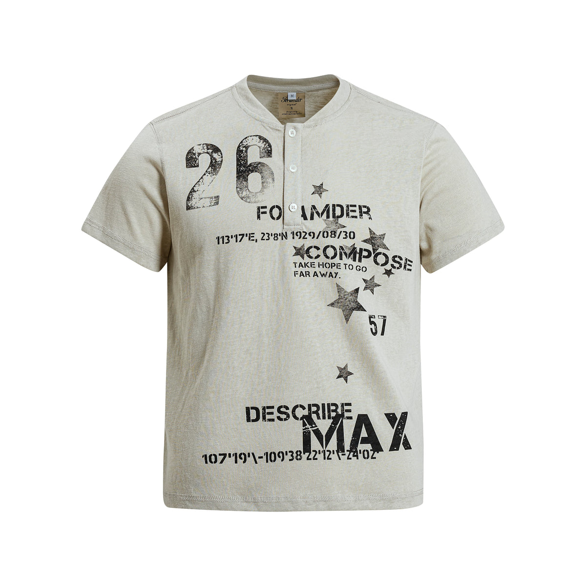 NOMANIAI Vintage-style distressed graphic short-sleeve T-shirt.
