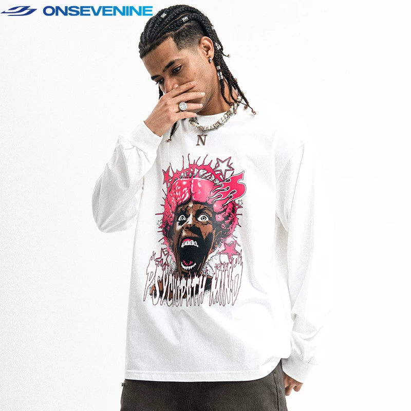 ONS VENINE Trendy American Street Loose Round Neck Cotton Long Sleeve T-shirt for Men and Women Spring and Autumn Base Shirt Ins Trendy