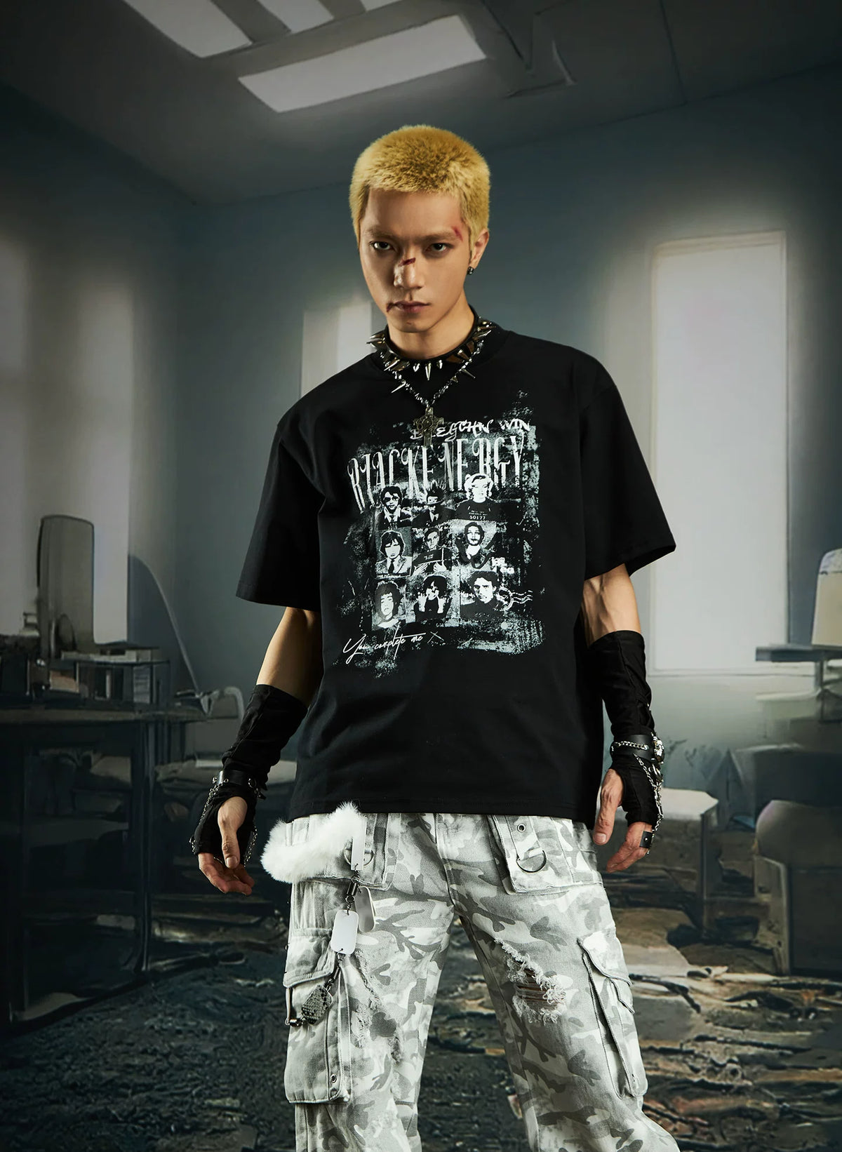 NOMANIAI Retro-print loose-fit casual streetwear T-shirt.