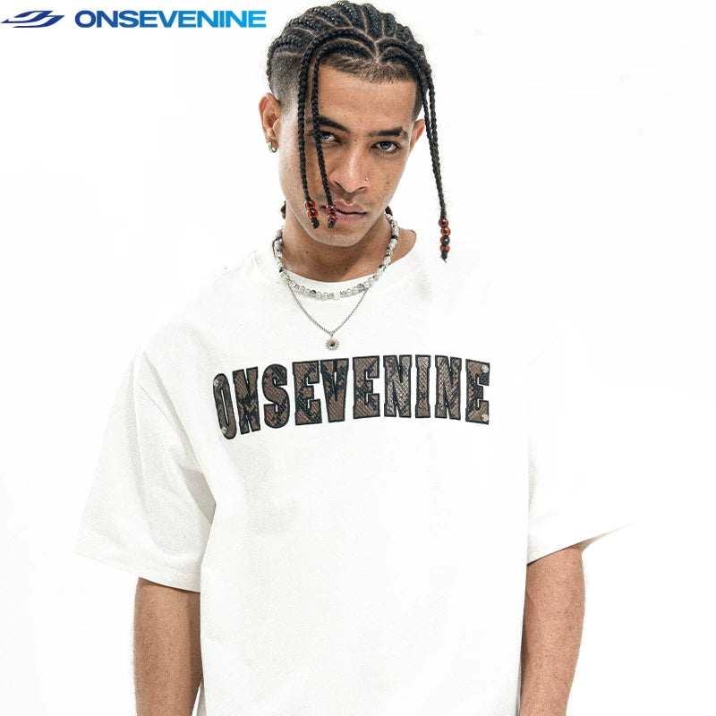 ONSEVENINE American Street Snakeskin Printed Button Nail Weight 300g Cotton Short Sleeve T-shirt Men's Summer China-Chic