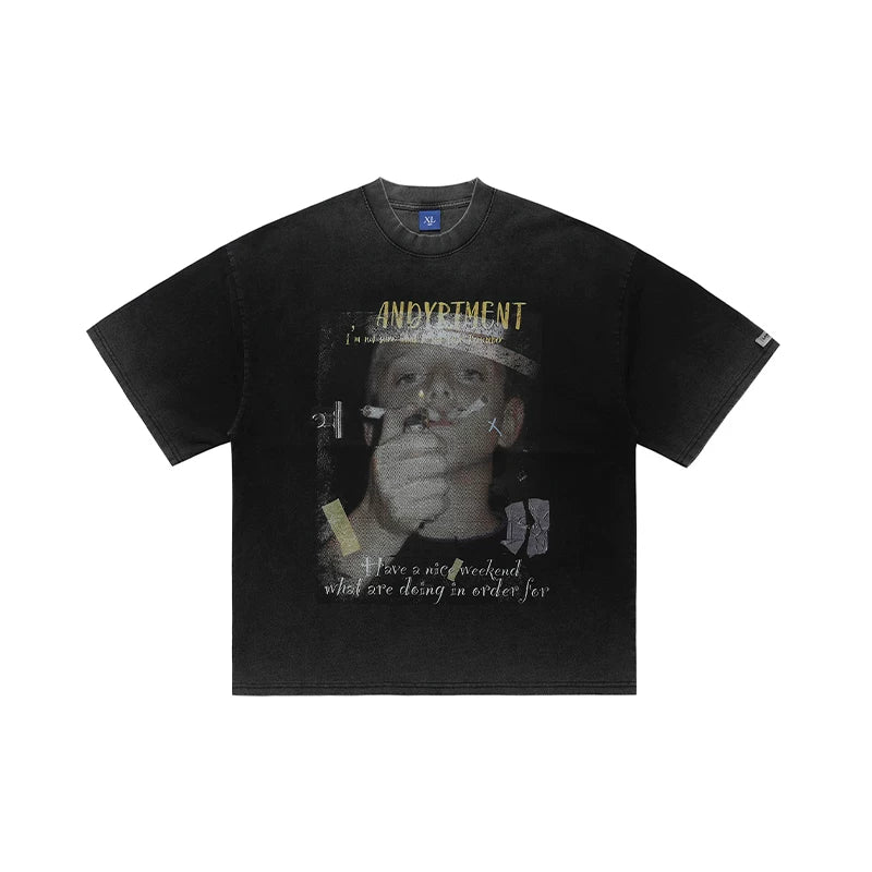 ONS VENINE American retro washed stir fried black heavyweight pure cotton small collar short sleeved T-shirt men's summer loose fit