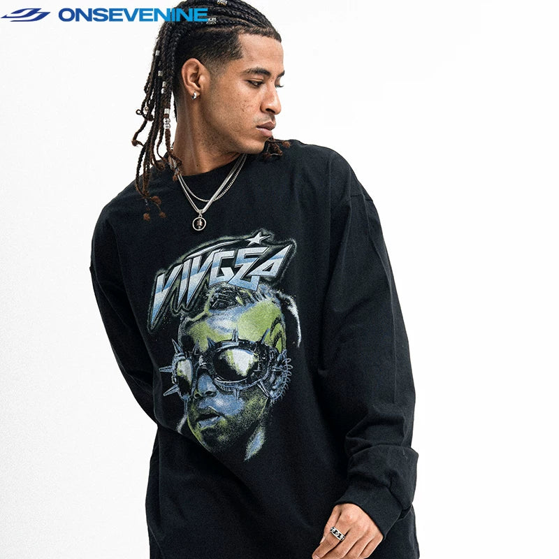 ONIVENINE heavyweight pure cotton American street original design trendy long sleeved T-shirt men's autumn top base shirt