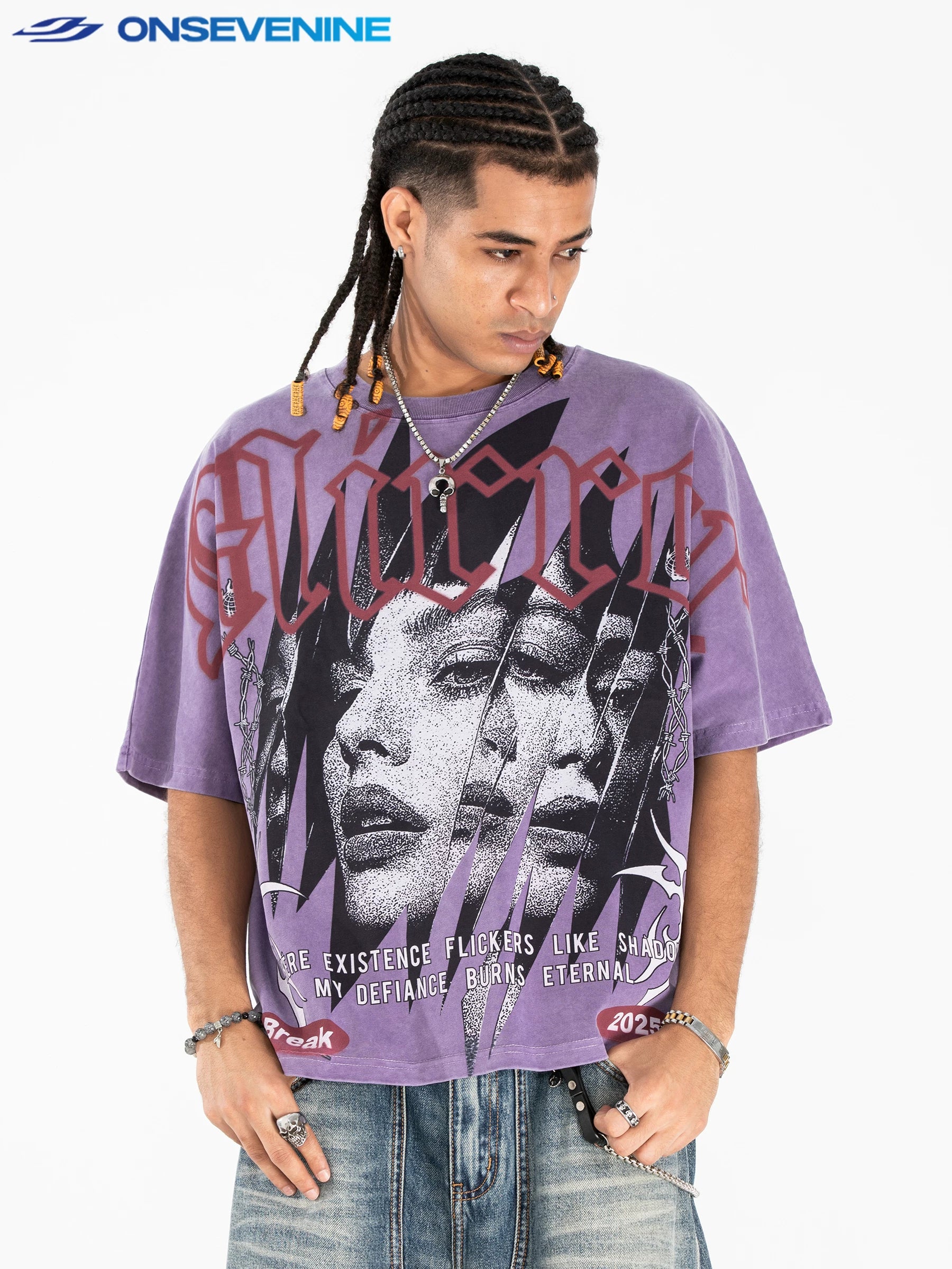 Onsevenine Original Printed Small Collar Summer Shoulder Down T-shirt 300g Heavy Cotton Short Sleeve Loose Short Style