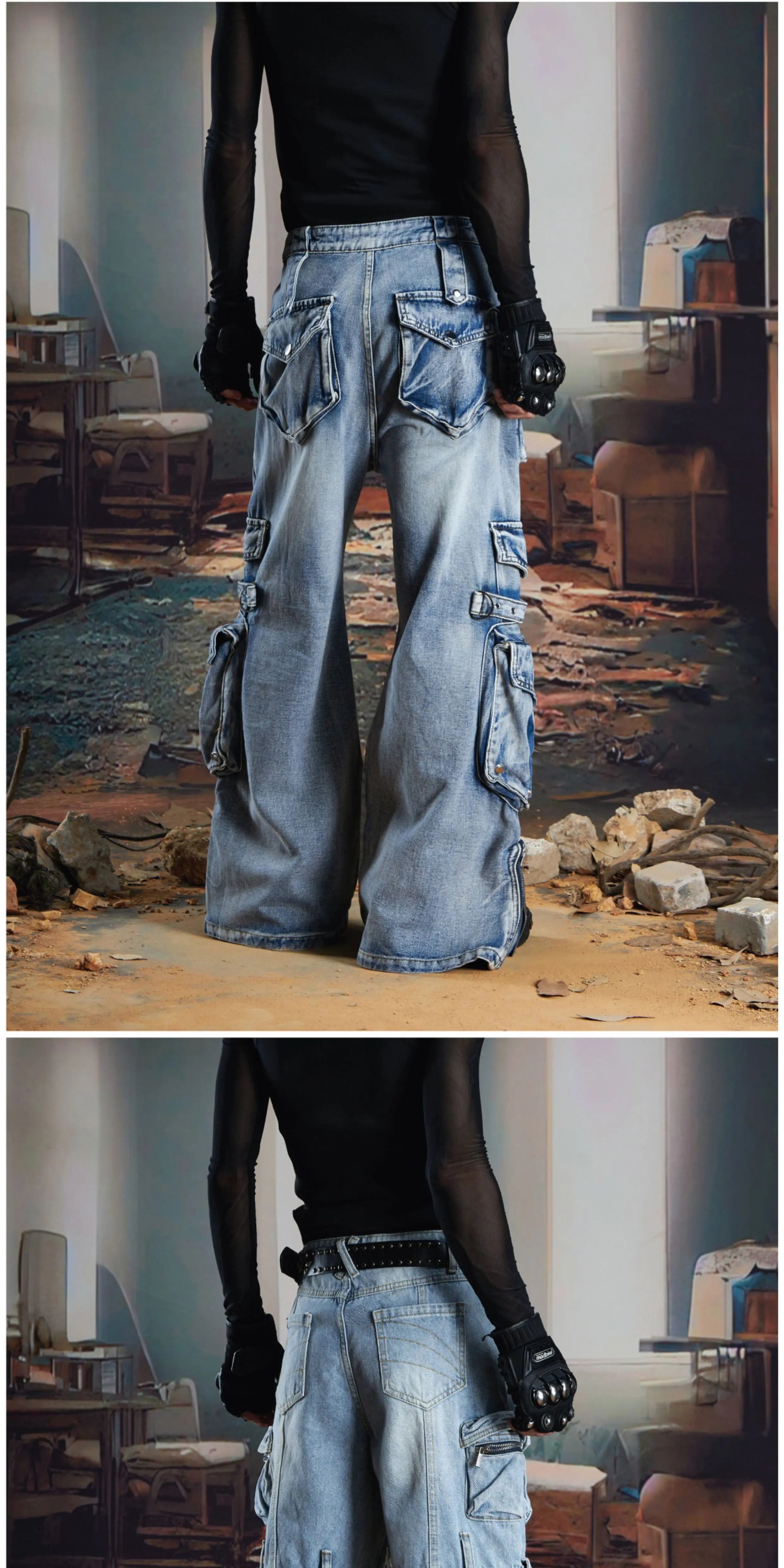 NOMANIAI  Multi-pocket deconstructed, washed, and distressed workwear-style denim jeans.