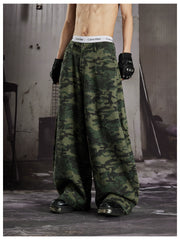NOMANIAI Rhinestone-Embellished Vintage Camouflage Lantern-Cut Denim Jeans.