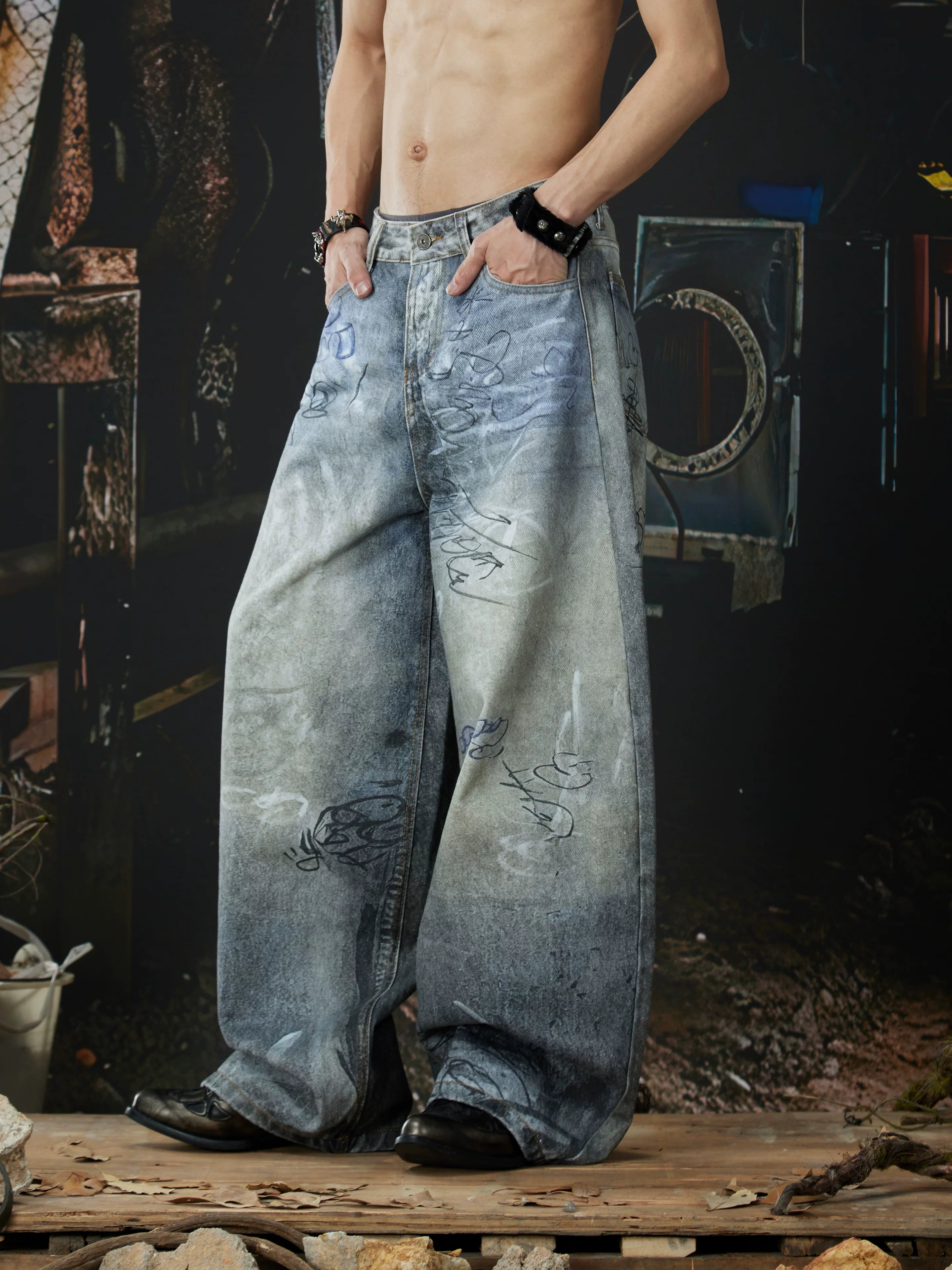 NOMANIAI Unisex Loose-Fit Denim Jeans with 3D-Printed Street Graffiti.